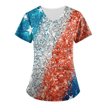 

Sksloeg Women Scrubs Tops Plus Size American Flag Star Print Patriotic Top Nurse Uniforms for Women Short Sleeve V-Neck Shirts Tee Tops with Pockets Multicolor XXXL