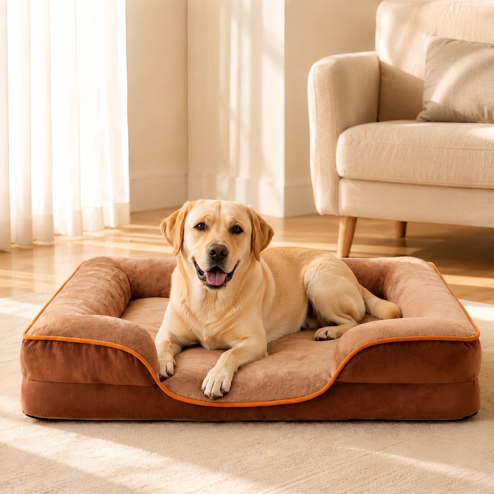 Kelno 42"x32" Orthopedic Dog Bed Supportive Egg Crate Foam Pet Couch Bed with Removable Washable Cover Anti Slip Bottom, Brown