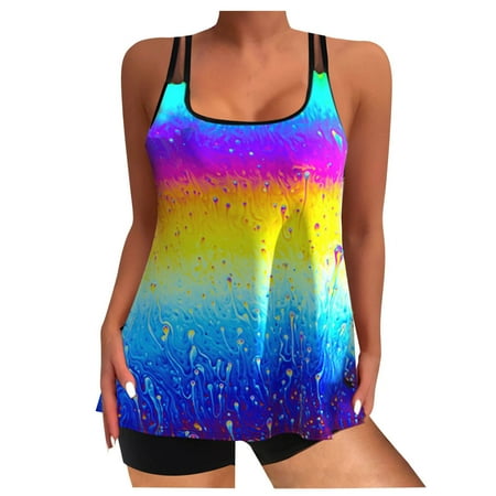 Feimerou Two Piece Tankini Swimsuits for Women Modest Blouson Tummy Control Printed Bathing Suit with Boyshorts Athletic Swimwear Savings