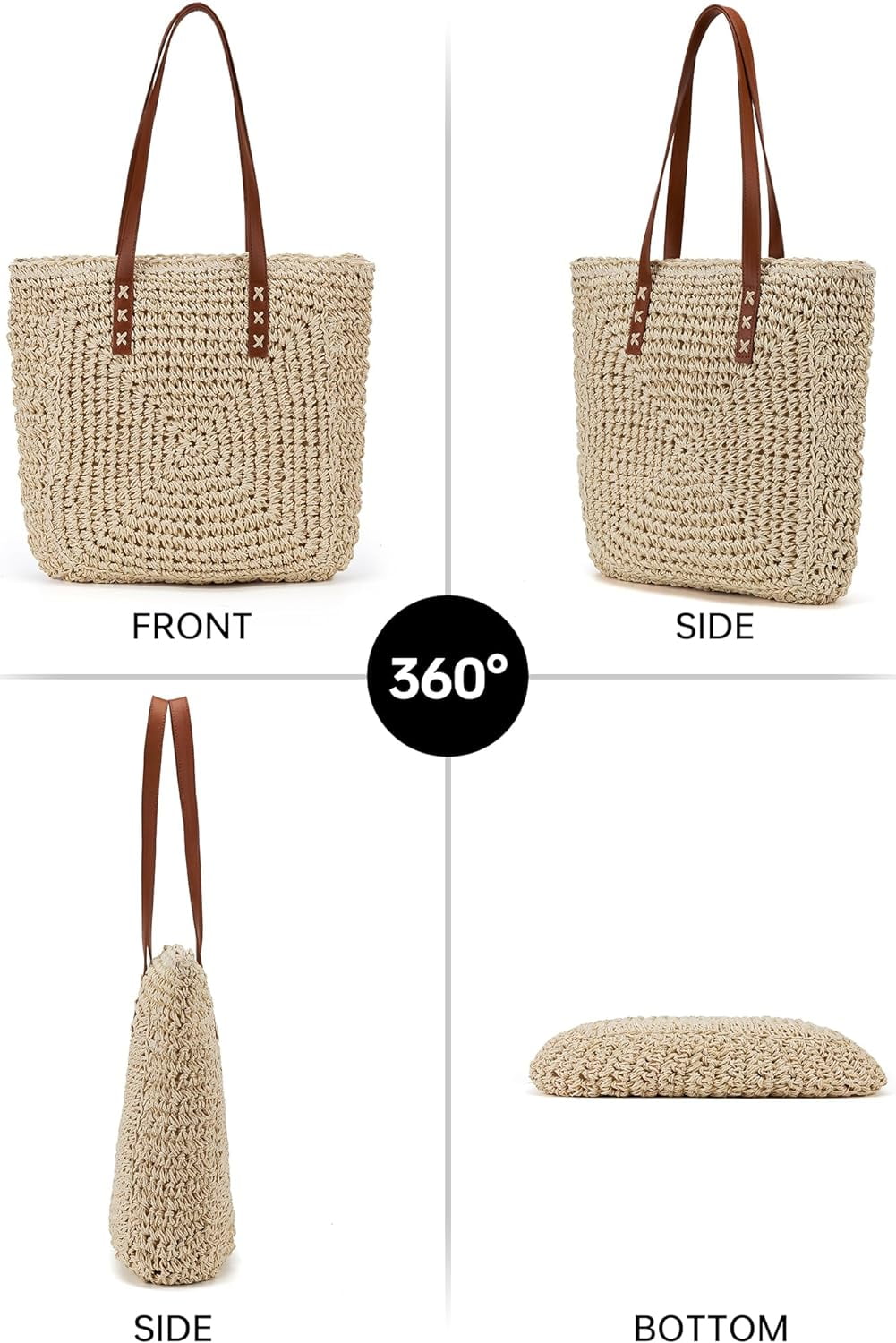 Straw Beach Bag Leather Tote Bag for Women Beach Purse Shoulder Woven Crochet Bag Purses for Women 2024 Clutch Purses Beach