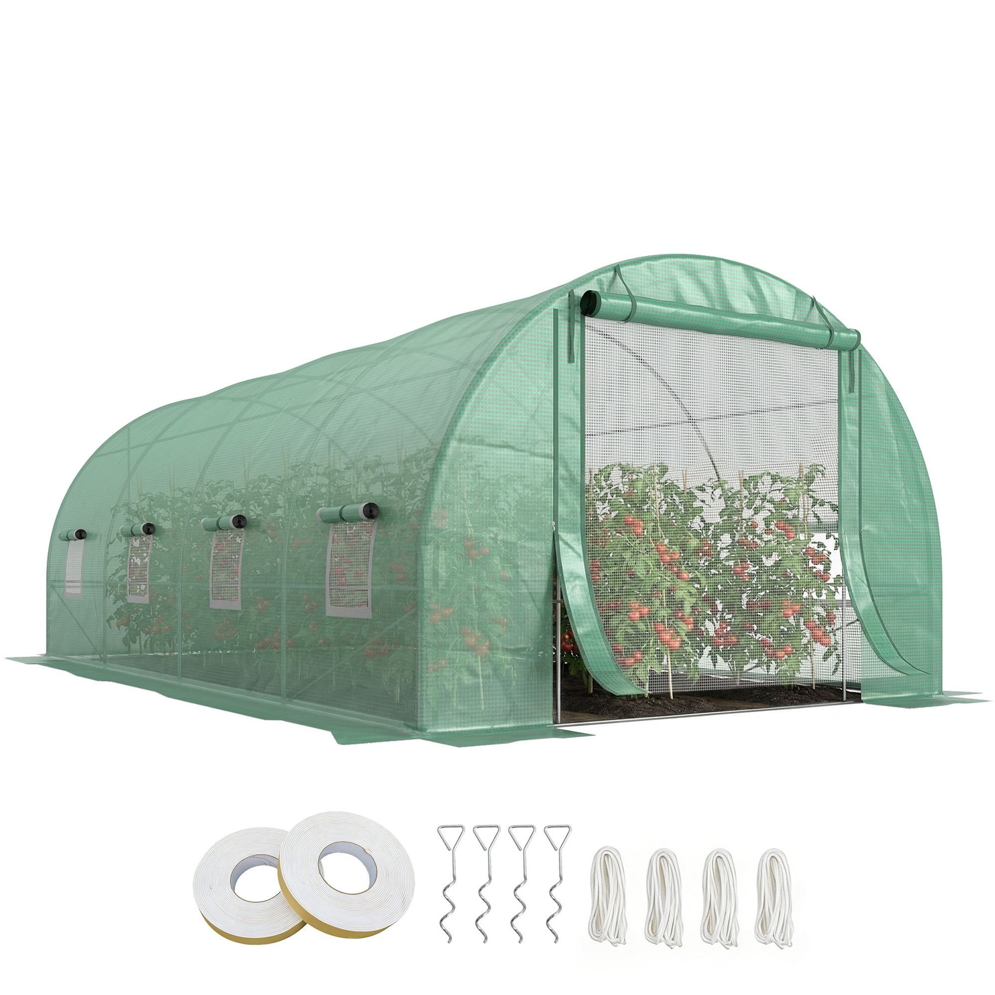 Outsunny 234.25" x 118" x 82.75" Walk-In Tunnel Greenhouse with Zippered Door & 8 Mesh Windows, Large Hot House Kit, Galvanized Steel Frame, Green