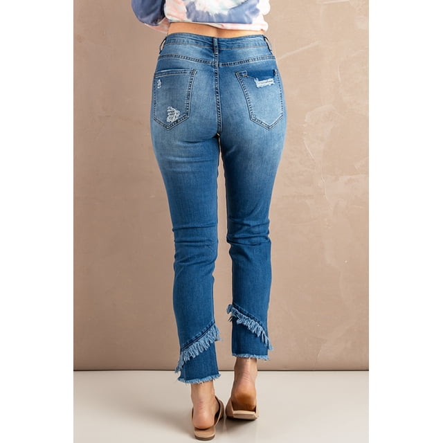 ABPHQTO Pantalones de mezclilla ajustados de tiro medio desgastados para mujer