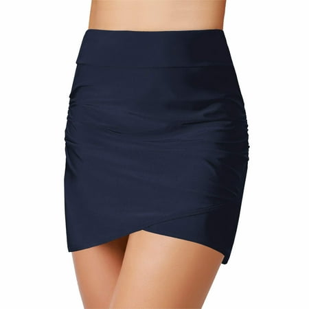Durtebeua Women s High Waist Tulip Hem Shirring Swim Skirt Swimsuit Bikini Bottom Dark Blue S