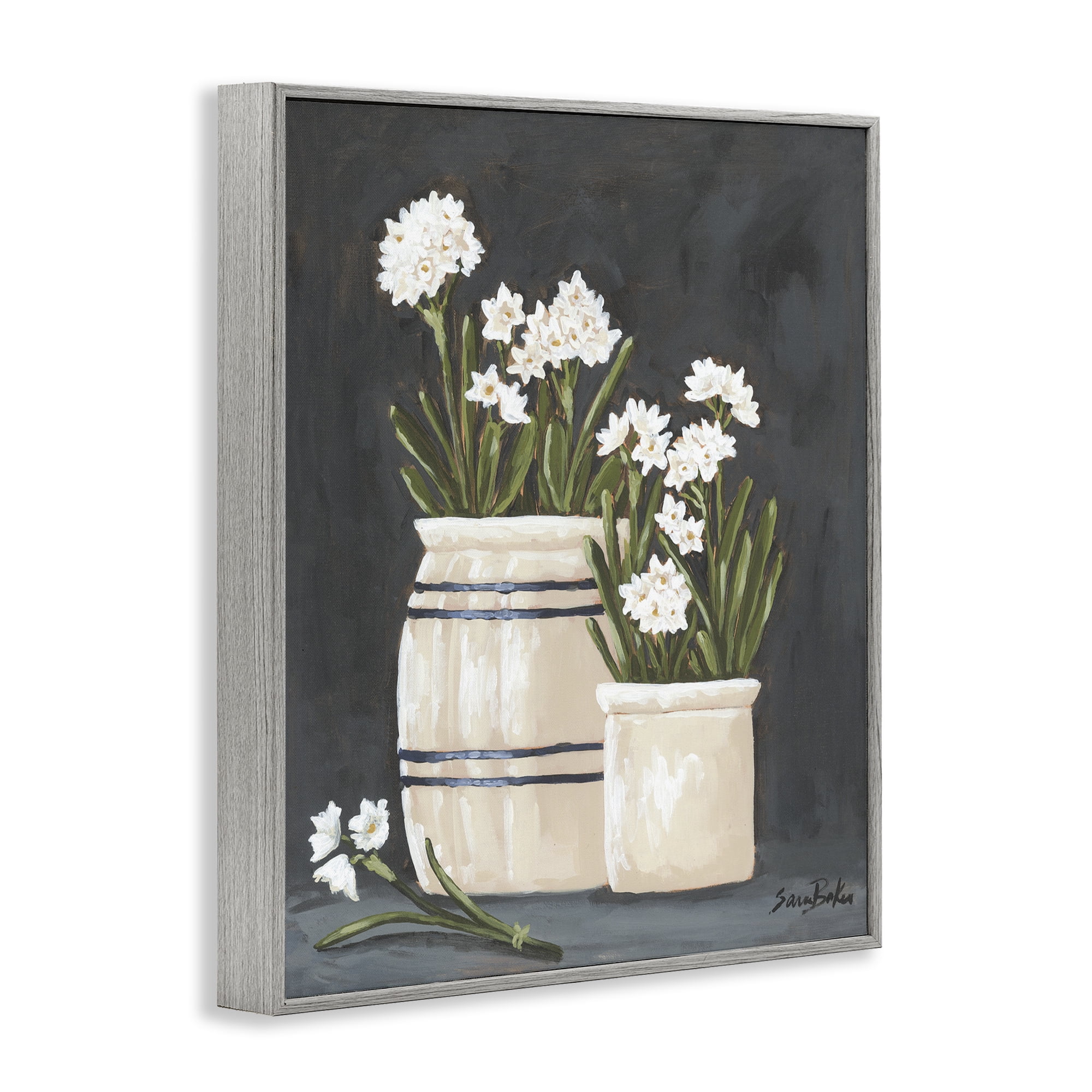Stupell Industries Vintage Crocks & Paperwhites Gray Framed Giclee Art, design by Sara Baker