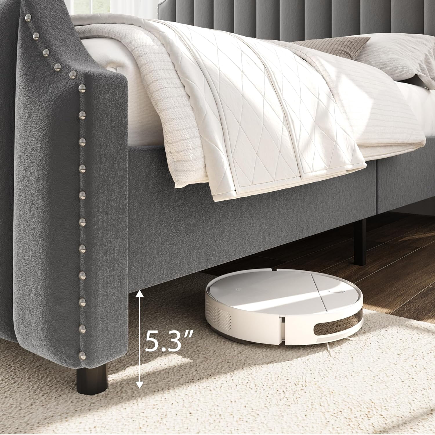 King Size Platform Bed Frame with 50.2 in Headboard, Velvet Upholstered Bed Frame King with Vertical Channel Tufted Headboard & Footboard, Nailhead Trim, No Box Spring Needed, Grey