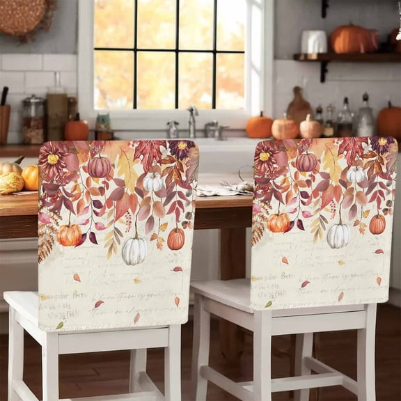 Fall Pumpkin Chair Covers Set of 1 Maple Leaves Red Leaf Vintage Letter Chair Back Covers Stretch Removable Washable Slipcovers Protector for Dining Room Kitchen Party Decor