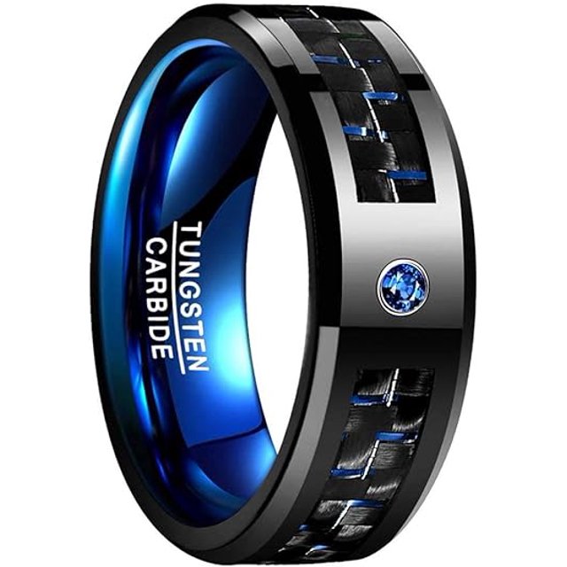 Fashion Men's 8mm Red Tungsten Wedding Celtic Dragon Rings Inlaid Blue Zircon Stainless Steel Green Carbon Fibre Rings For Men I 8