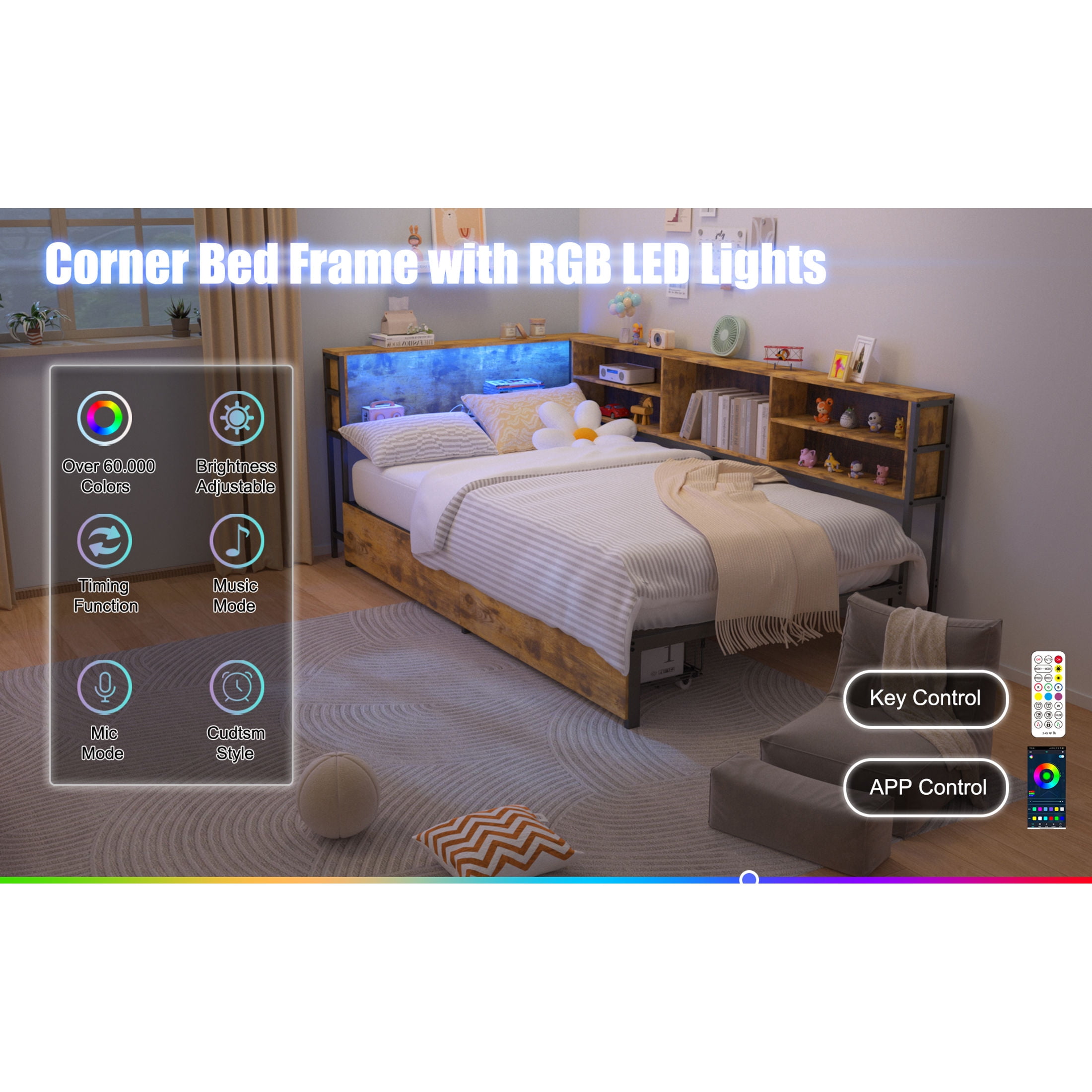 Noble House Arlais Full Corner Daybed with Bookcase Headboard, Storage Drawers, LED Light & Charging Station, Brown