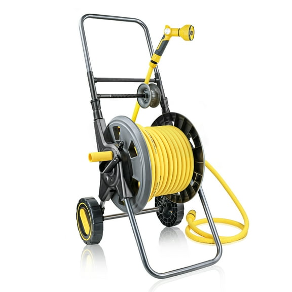 Hose Reel Cart with Wheels, Include 100FT Water Hose and Sprayer Nozzle, Portable Garden Hose Set for Watering Flowers, Cleaning Floors, Washing Cars Outside