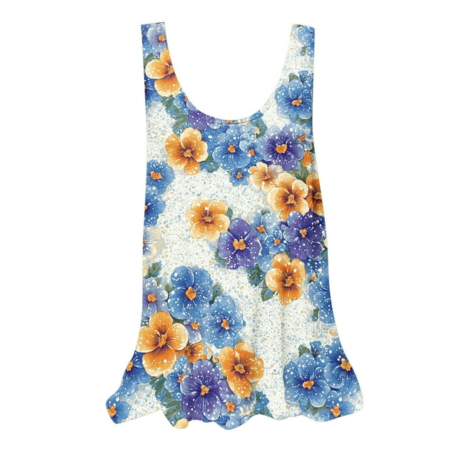 UPPADA Camisoles d'Été pour Femmes Col Rond Coupe Ample T-Shirts Décontractés Mode Sans Manches Vêtements de Plage Ourlet Fluide Chandails à Enfiler Hauts Plage Boho Vêtements Liquidation Hauts pour Femmes Bleu,P