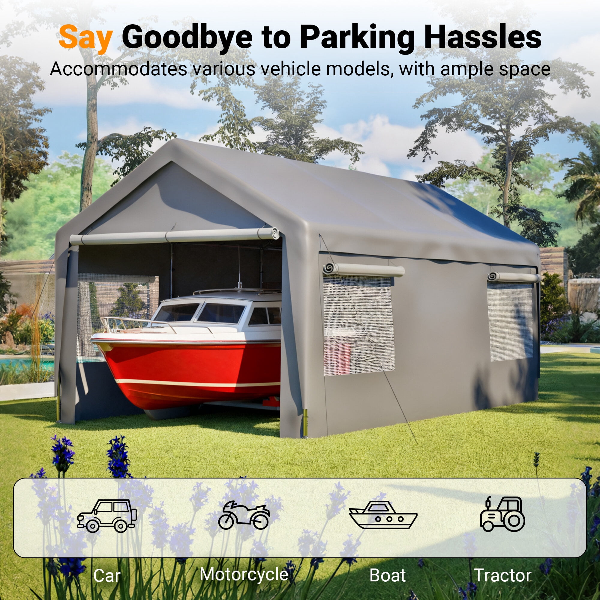 Residential Carports, Carport Canopy 10x20 FT Heavy Duty Boat Car Canopy Garage with Removable Sidewalls and Roll-up Ventilated Windows, Grey Outdoor Carports,Metal Portable Carports