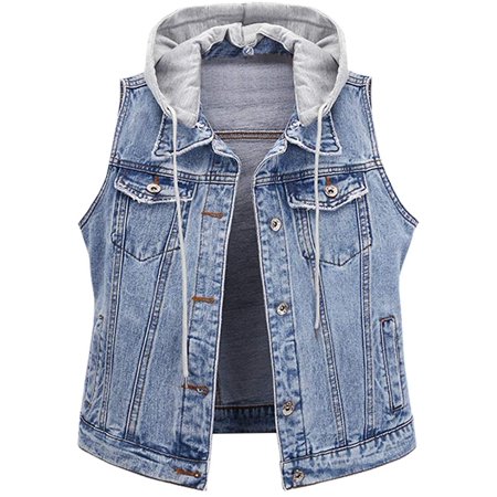 Women's Detachable Hoodie Denim Vest Sleeveless Jean Jacket