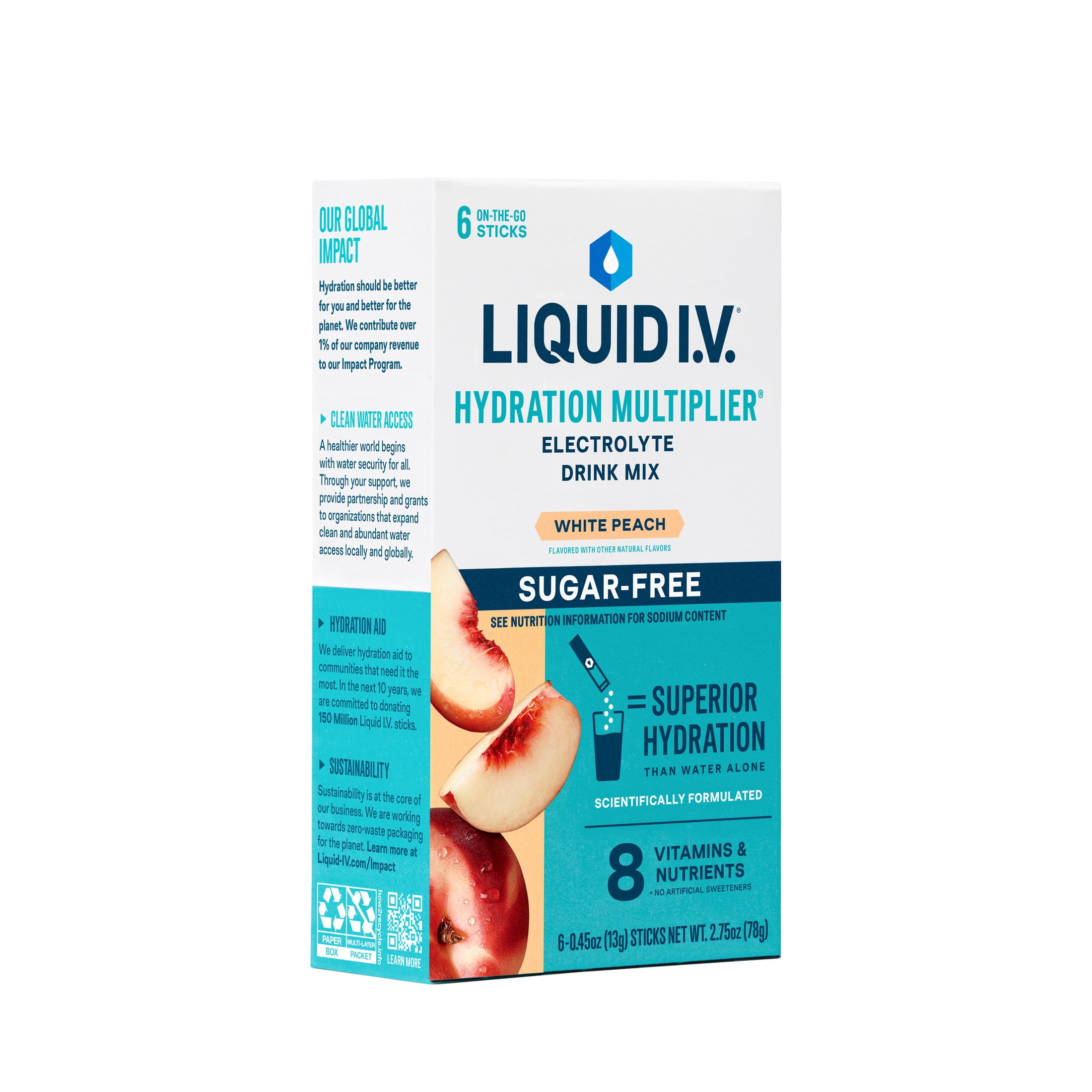 (4 pack) Liquid I.V.® White Peach Hydration Multiplier® Sugar-Free Electrolyte Powder Drink Mix, 6 Count Packets