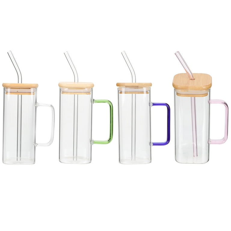 Nuolux 4pcs Glass Cups Wide Mouth Drinking Glasses with Bamboo Lids Square Handle Cup and Straws, Size: One Size
