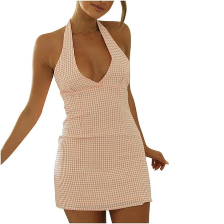 

Dresses for Women Halter Neck Plaid Print Backless Tie Back Sleeveless Knee Length Club Party Bodycon Mini Sundress