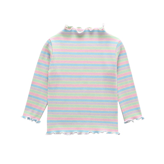 MeetoTime Girls Long Sleeved Top Loose Striped Printed Ruffled Round Neck Bottoming Shirt 3-8 Years Baby Clothes