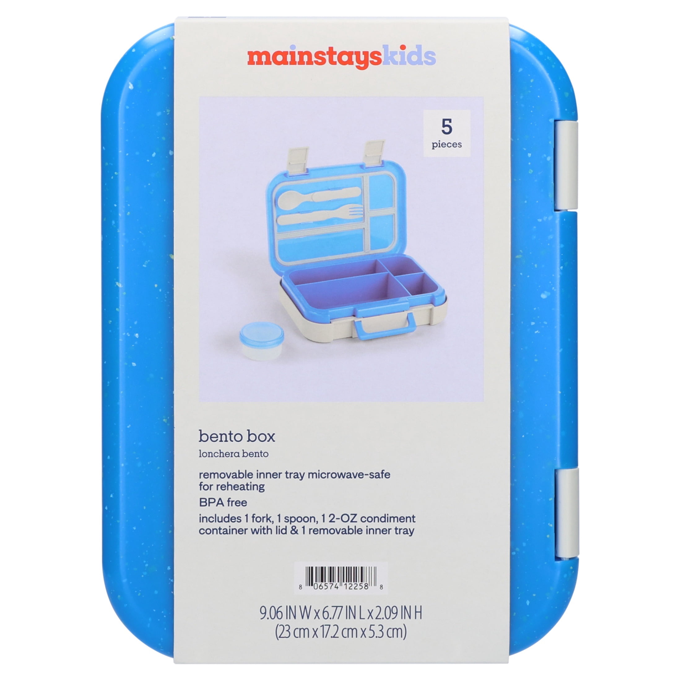 Mainstays Kids 4-Compartment Plastic Bento Box with Removable Tray, Fork, Spoon, and Dressing Container, Blue Splash and Gray