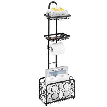 Oasis Creations Toilet Paper Holder Tissue Rack Stand with Magazine Toilet Roll Storage Basket- Freestanding, Black Metal