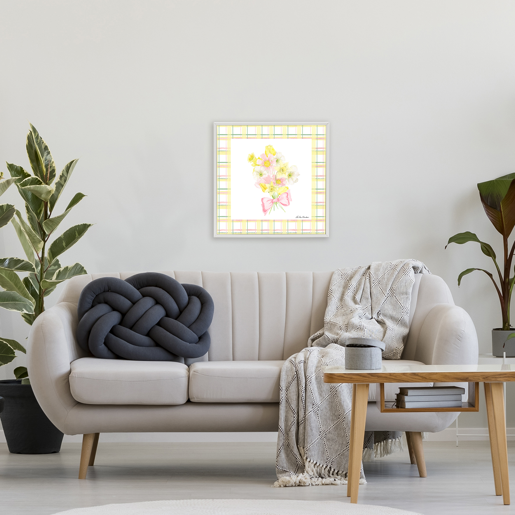 Spring Daffodils on Plaid White Framed Giclee Art, design by Lee Ann Sanders
