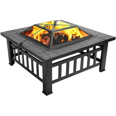 Bonnlo Outdoor Portable Fire Pit with Poker and Mesh Lid, 32" Square Metal Wood Burning FirePit Backyard Patio Terrace (Upgraded)