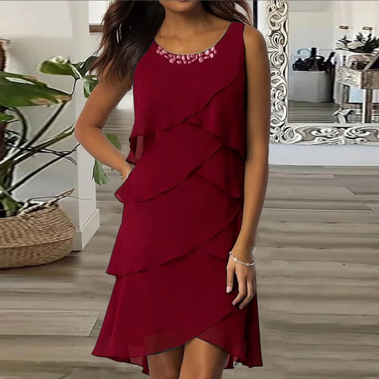 Dyfzdhu Summer Dresses for Women Trendy Rhinestone Sleeveless Solid Color  Ruffle Chiffon Dress Tank Formal Wedding Guest Dresses Red - Walmart.com