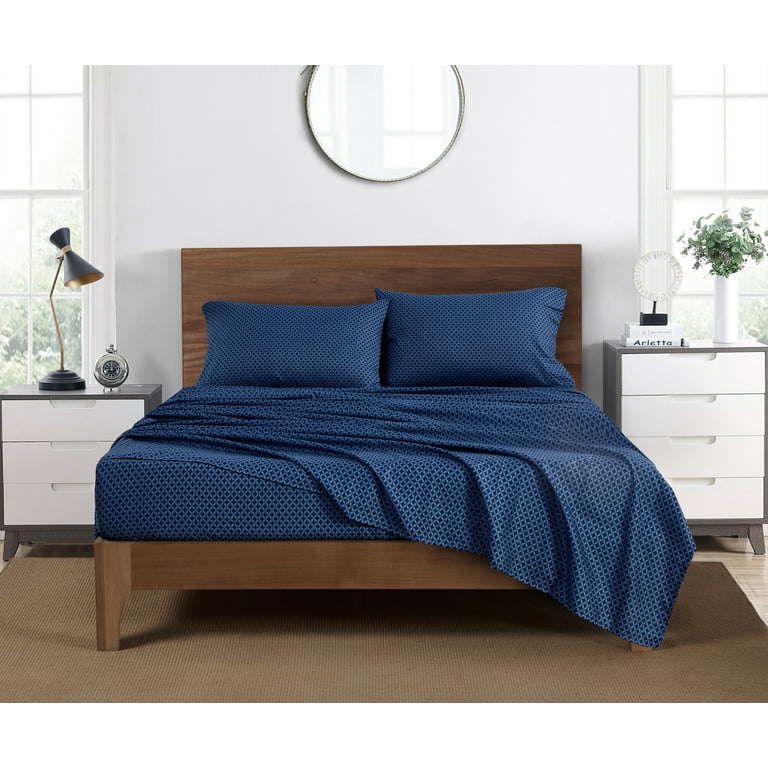 Mainstays Microfiber Bed Sheet Set Queen Navy Geo 4 Piece Super