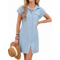 thumbnail image 2 of Women'S Solid Color Casual Button Down Tie Waist Woven Dress Midi Shift Summer Dress Blue L, 2 of 9