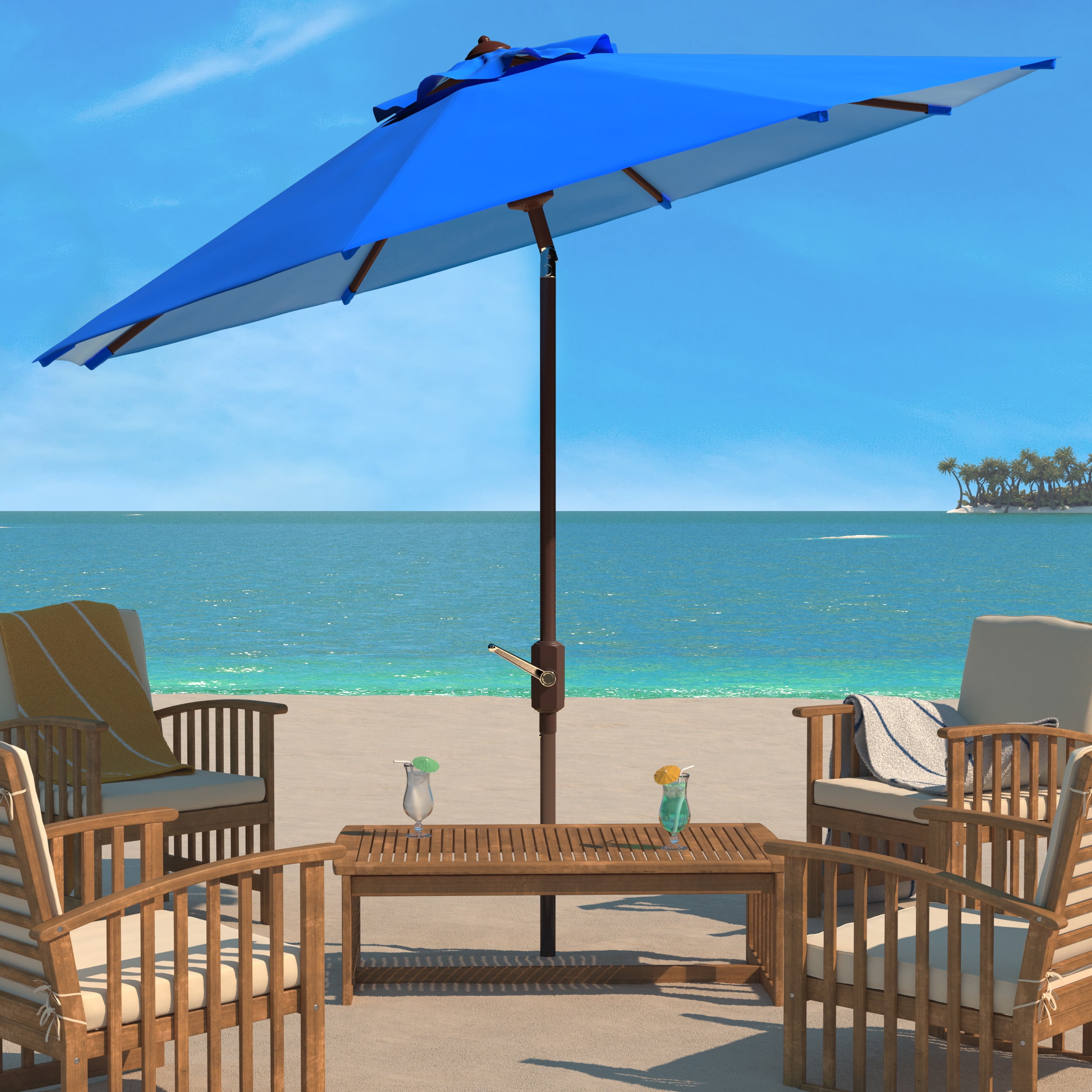 SAFAVIEH Ortega 9' Market Crank Auto Tilt Patio Umbrella, Pacific Blue