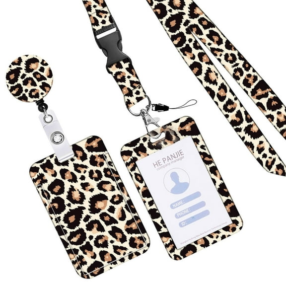 Badge Card Holder and Neck Lanyard Set Leopards Print Identity Card Badge Holder With Retractable Badge Reel for Office