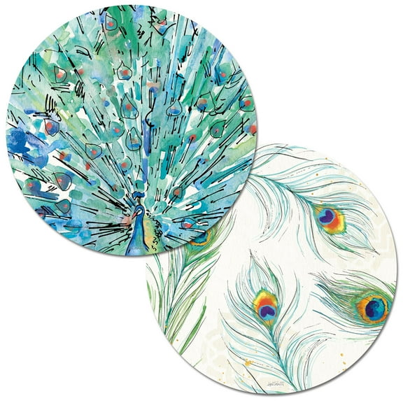 Wipe-Clean Round Reversible Shaped Placemats, Peacock Garden, Set of 2, Made in The USA