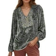 thumbnail image 2 of Womens V Neck Floral Print Velvet Shirt Casual Long Sleeve Top Blouse Oversized Boho Embroidered Tunic Shirts Grey 5XL, 2 of 4
