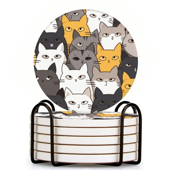 Seamless Pattern Of Cartoon Cats In Various Poses Set of 6 Ceramic Coasters with Holder, Absorbent Drink Bar Coasters, Table Coasters for Living Room Decor Tabletop Protection