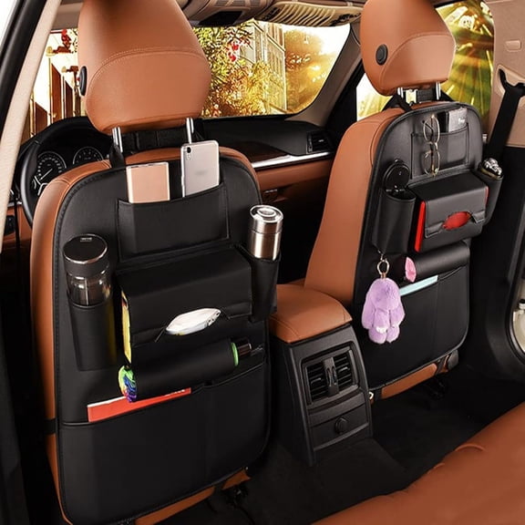 GUANGHUI-PU Leather Premium Car SeatBack Organizer Travel Accessories Kick mats Back seat Protector and Cup Holder Holder Universal Use Seat Covers Black