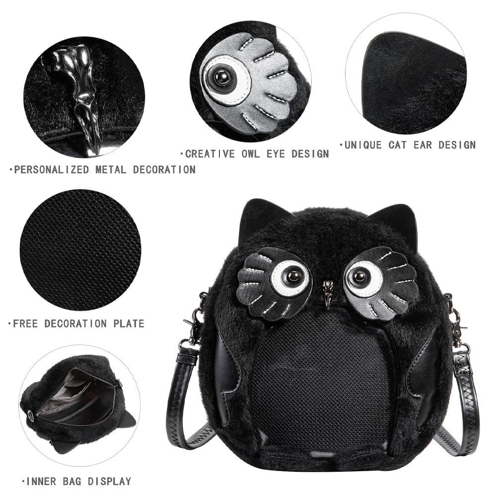 Hzzsbu Black Owl Plush Ita Bag Clear Pin Display Crossbody