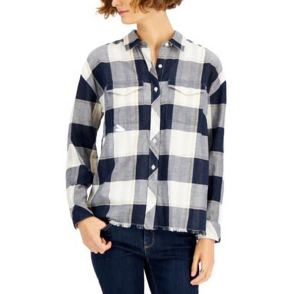 Style & Co Cotton Plaid Fringed Shirt Natural Ivory XL