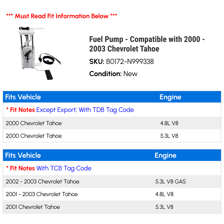 Fuel Pump Assembly For 2000-2003 Chevy Tahoe GMC Yukon 4.8L 5.3L Gas (4 Door) 2 thumbnail image