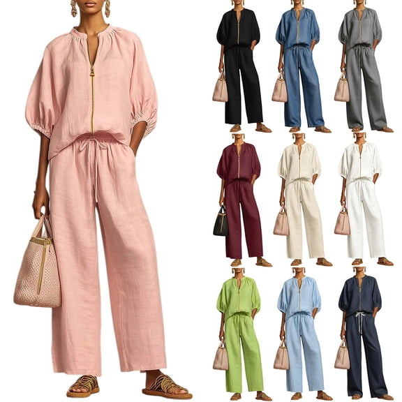 Xunmmm Women's Cotton Linen Two Piece Set Loose Fit Half Sleeve Zipper Shirt and Wide Leg Pant Casual Summer 2 Piece Set for Women Linen Pants Set Outerwear