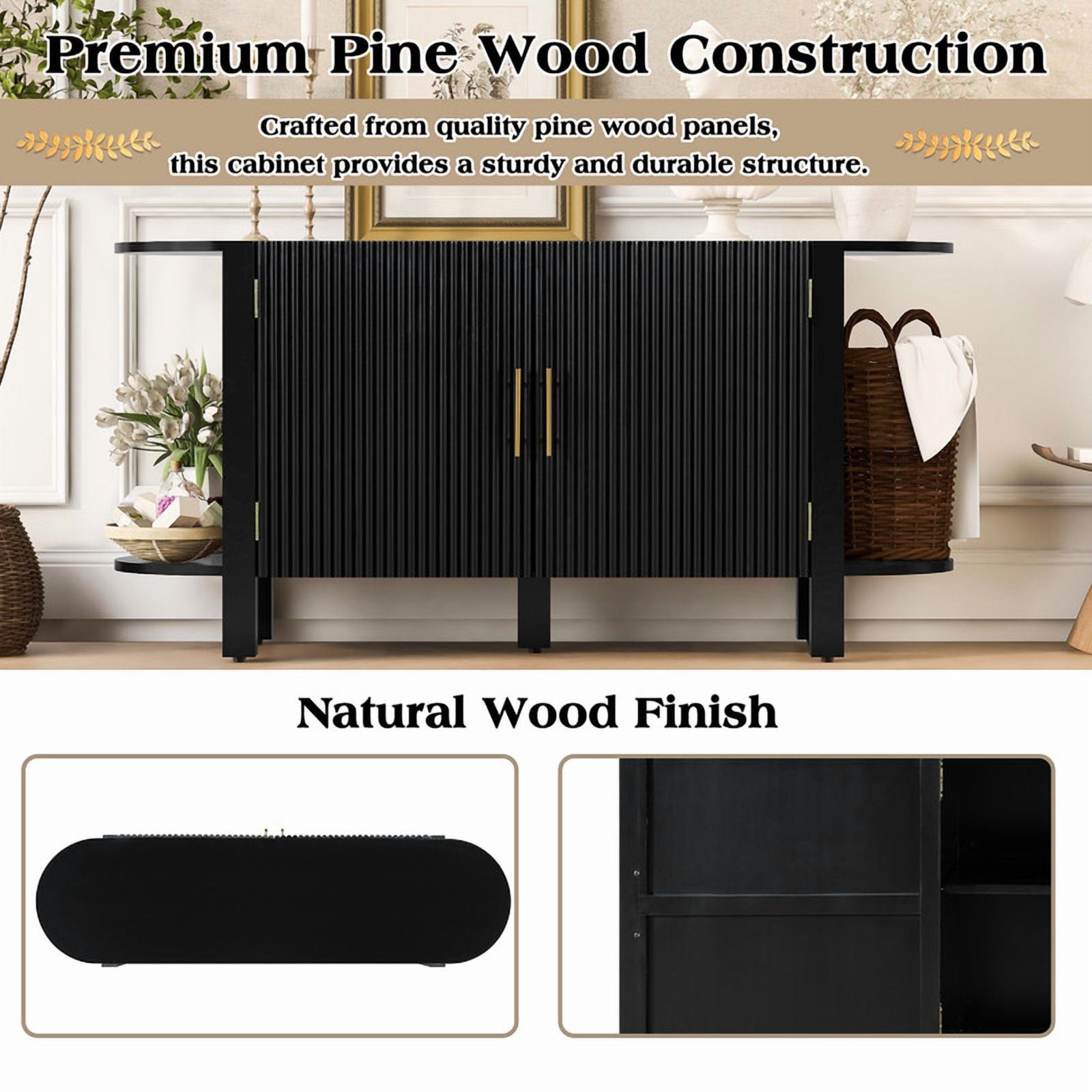 Accent Wavy Texture Buffet Table with Curved Extension Shelf, Mid-Century Modern Sideboard Storage Cabinet with Adjustable Shelf