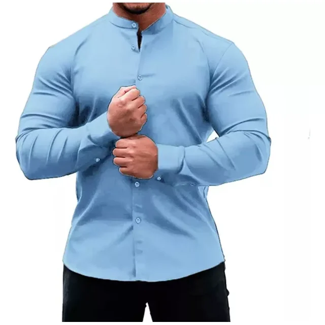 Camisa Slim Fit Hombre Manga Larga Casual Cuello Mao Lisa