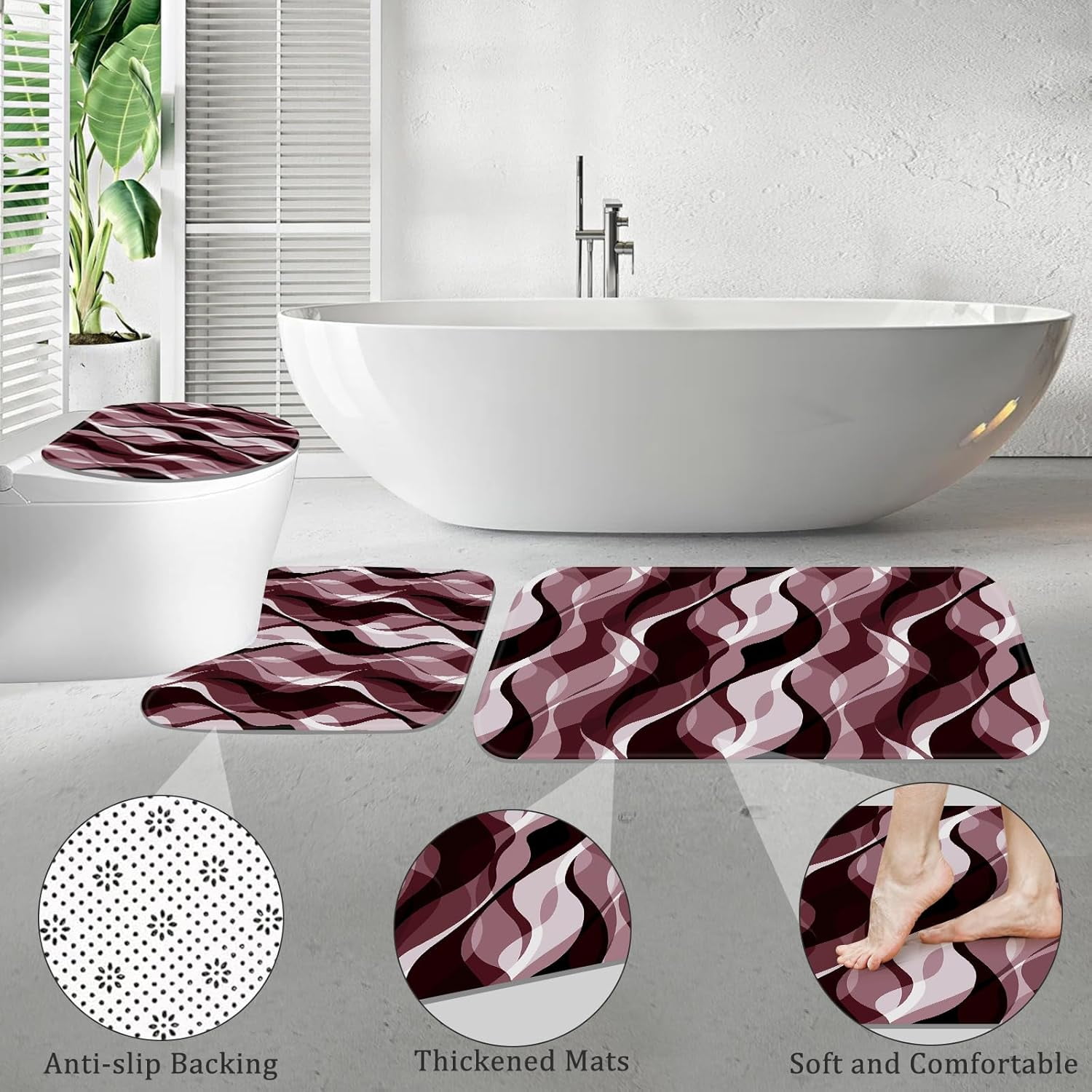 4PCS Navy Blue Bathroom Sets with Shower Curtain and Rugs, Abstract Striped Shower Curtain Sets with Rugs, Modern Luxury Bathroom Curtains Shower Set Accessories