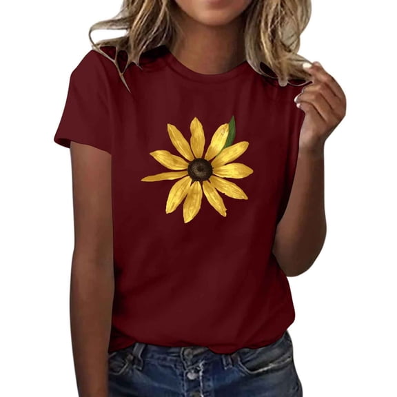 Sexlip Womens Short Sleeve Blouse Sunflower Print Crew Neck Loose Sleeve Soft Fabric Relaxed Silhouette for Daily Outfits Red L