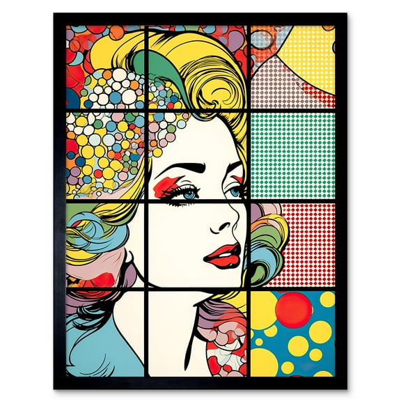 Abstract Comic Book Style Bubbles Geometric Patterns and Woman Face Pop Art Halftone Art Print Framed Poster Wall Decor 12x16 inch