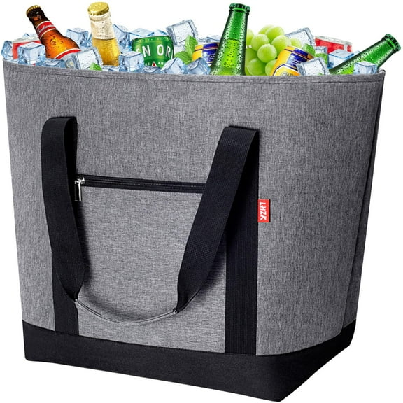 50L Insulated Cooler Bag with Heavy Duty Thermal Lining, Waterproof Collapsible Tote for Grocery Shopping Beach Picnic Travel, Grey