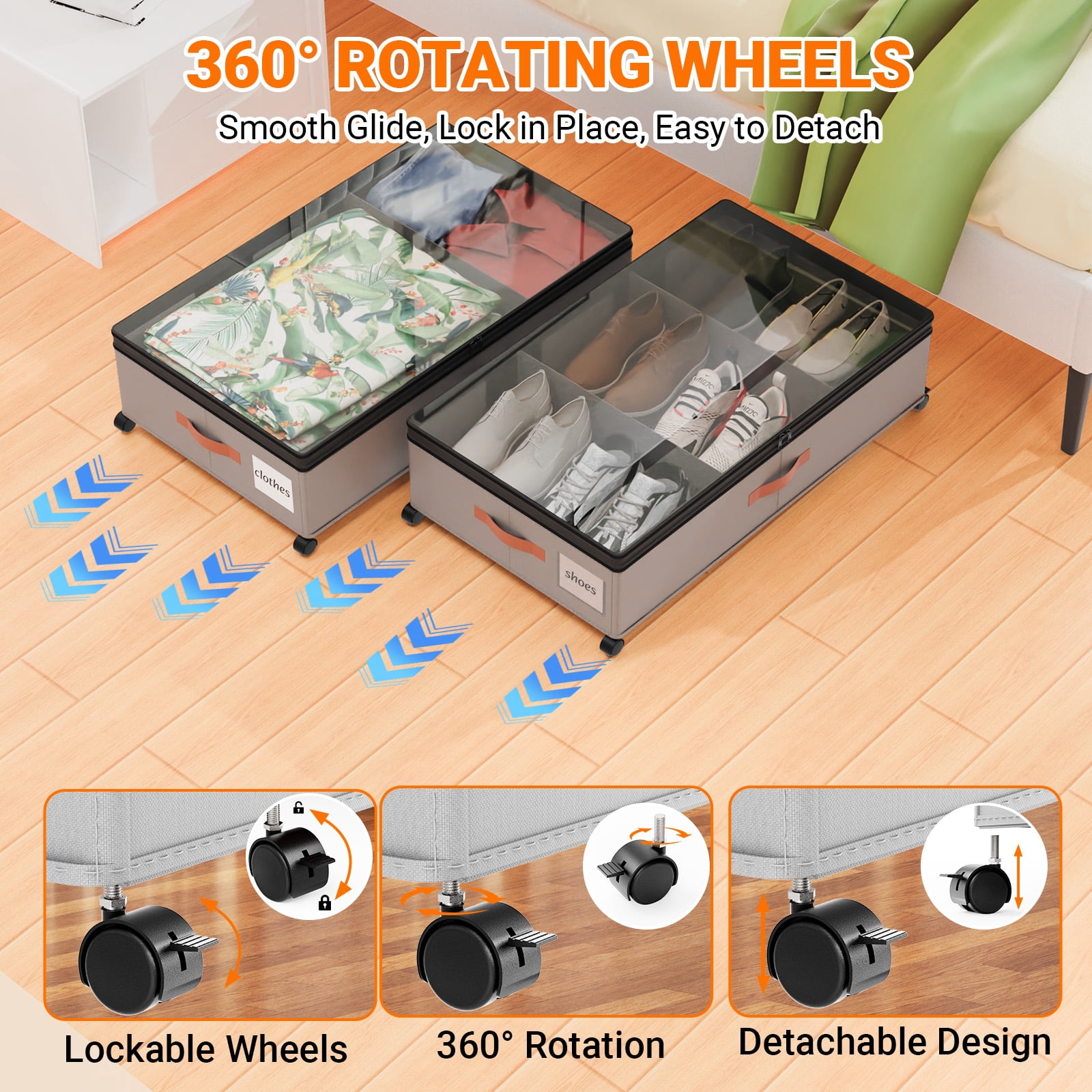 LIZEVINC 2-Pack Large Under Bed Storage with Wheels and Lids – Adjustable Height Rolling Storage Bins with Dividers, Space-Saving Underbed Organizer for Clothes, Shoes, Blankets（Gray）