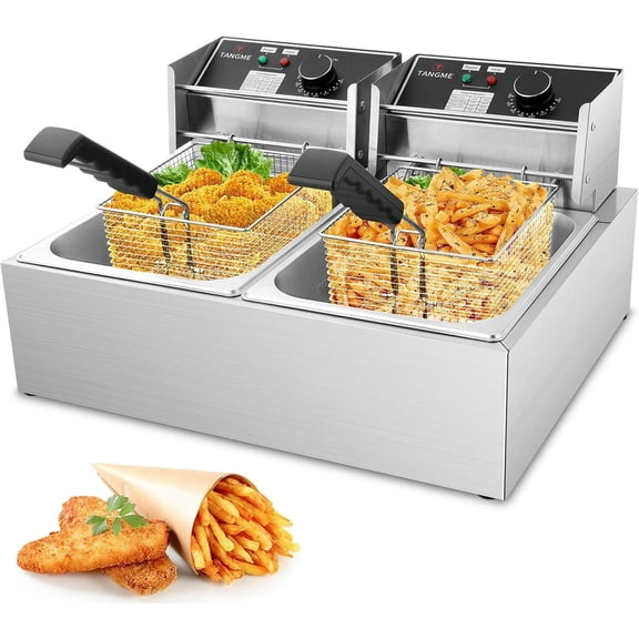 Commercial Deep Fryer - 3400W Electric Deep Fryers with 2x6.35QT Baskets 0.8mm Thickened Stainless Steel Countertop Oil Fryer 20.7QT Large Capacity with Temperature Limiter
