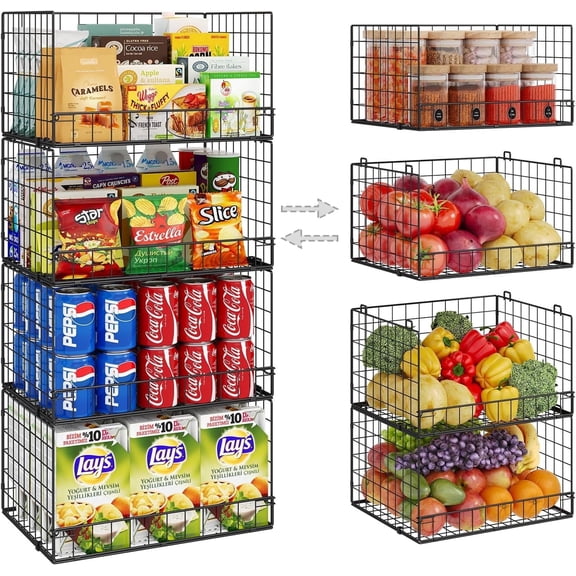 X-COSRACK 4-Pack Stackable Wire Storage Baskets, Foldable Carbon Steel Pantry Organizer Bins, Extra Large, Black