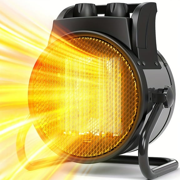 Portable Outdoor Space Heater Fan for Garage & Yard - Compact Round Metal Design, 120V Plug-In, Black with Orange Glow, Sleek Modern Style