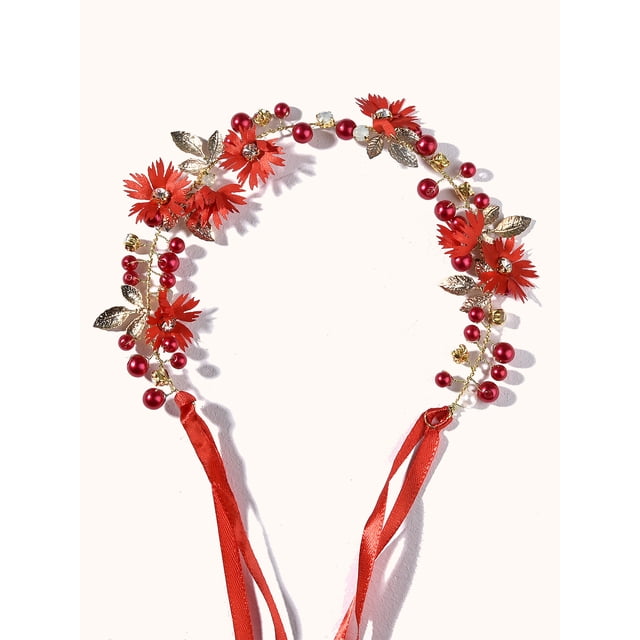 Nvzi Horquillas para el pelo de boda con flores para novias, peinetas con perlas de cristal, pinzas para el pelo, accesorios para el pelo de boda dorados, joyas, color rojo