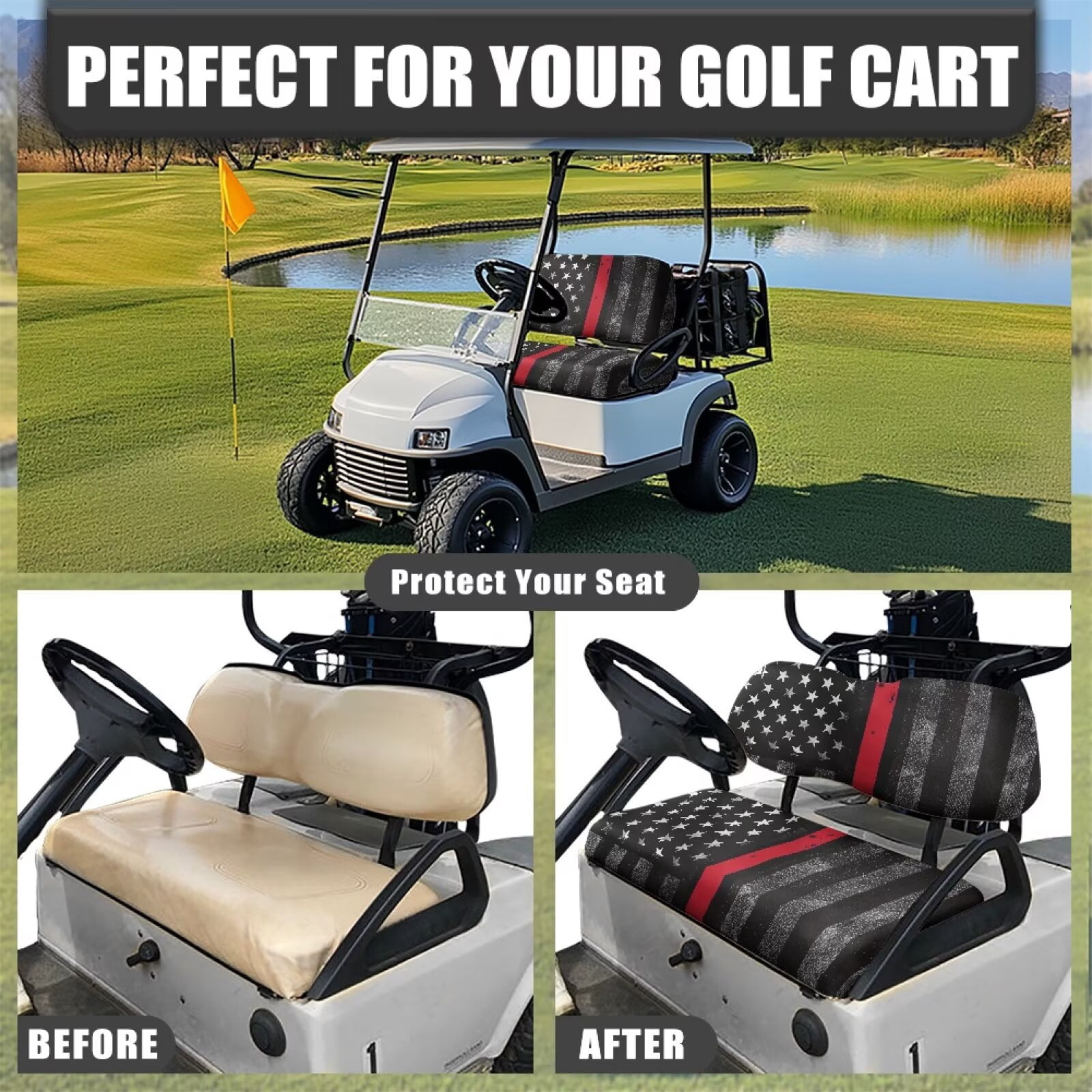 Pzuqiu Golf Cart Seat Covers Golf Cart Front Seat Covers American Firefighter Flag Elastic Portable Easy to Install Golf Blanket Suitable for All Seasons