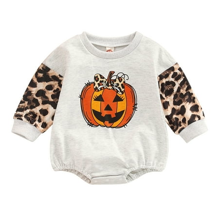 

Calsunbaby Kids Baby Girls Halloween Romper Pumpkin Leopard Print Long Sleeve Bodysuit Autumn Sweatshirt Clothes 0-3 Months